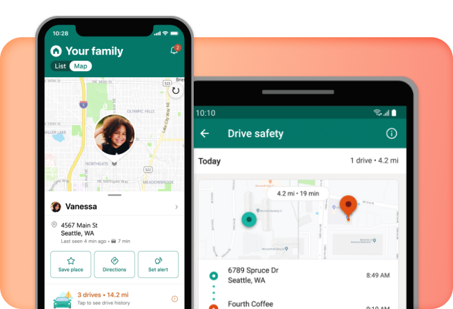 Capturas de pantalla de escritorio y móviles de la aplicación Family Safety que ayudan a las familias a mantenerse conectadas y seguras