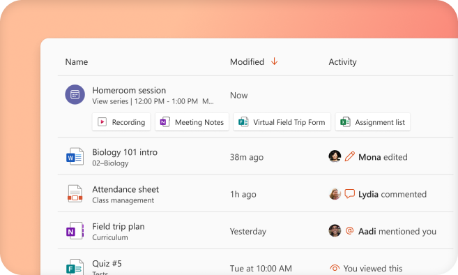Captura de pantalla que muestra los planes de lecciones y las sesiones de clase grabadas en Office