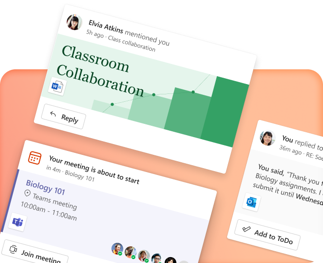 Screenshots showing virtual collaboration features of Office for students and educators